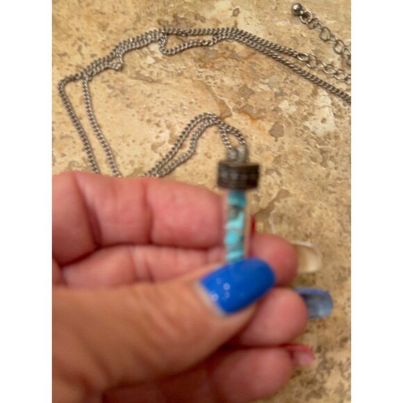 Miniature Glass Vial Necklace With Blue Turquoise Stones On Silver Chain - Picture 4 of 5